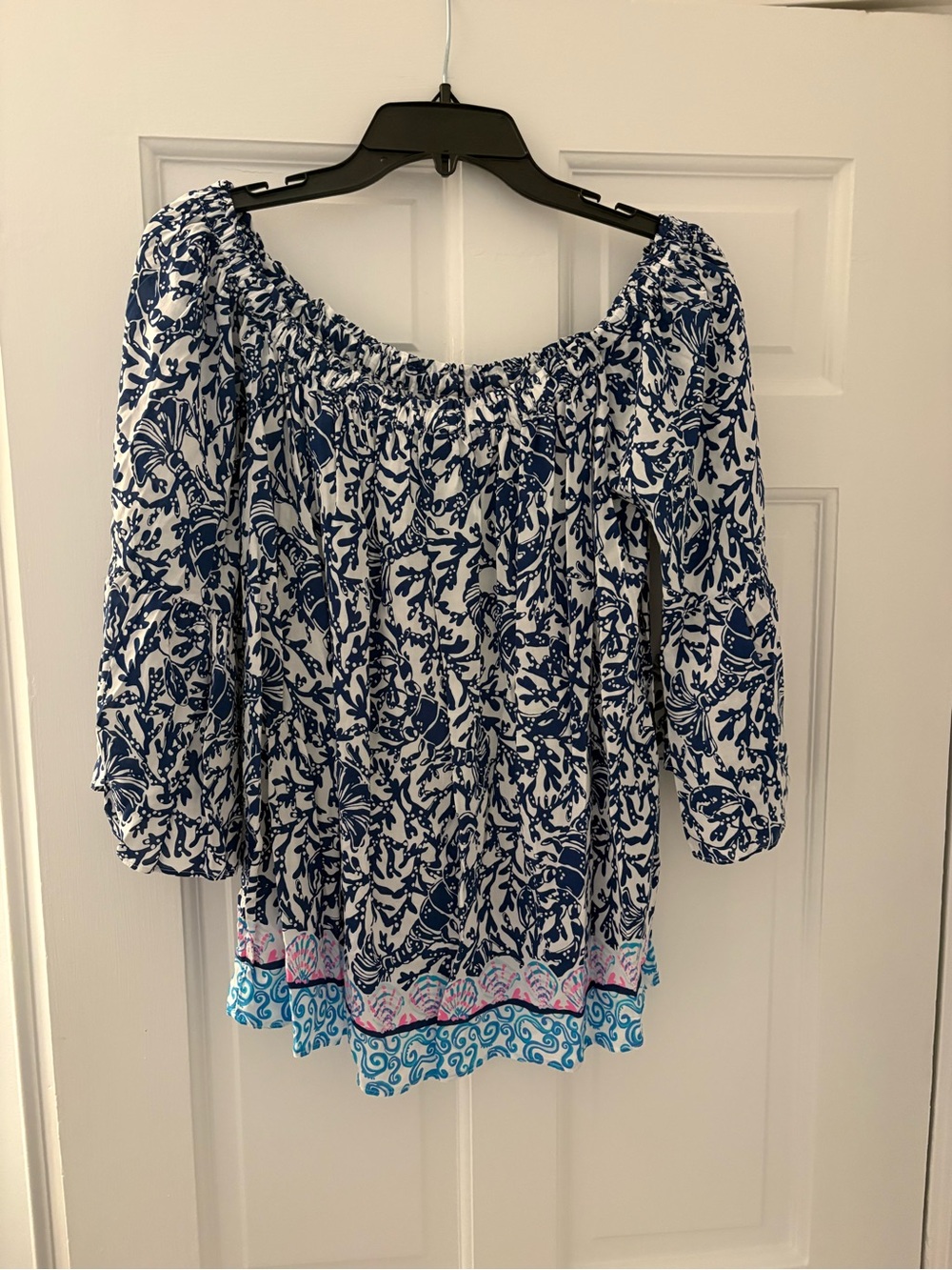 Lilly Pulitzer Women’s Blue and White Off-Shoulder Floral Peasant Top